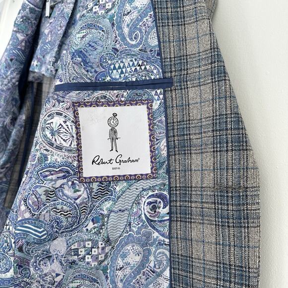Robert Graham Sport Coat Mens 46R Wool Silk Plaid Slim Fit Blazer Jacket Preppy - Picture 11 of 16